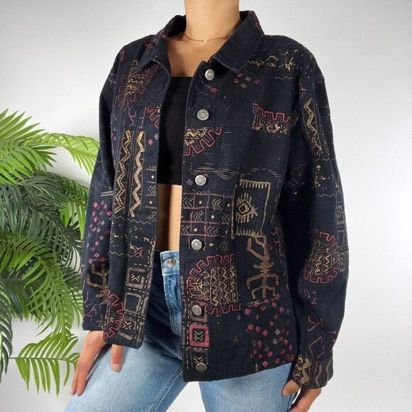 Women's Vintage 90s Grunge Indie Black Bohemian Aztec Denim Jacket / Size: 2 - Picture 3 of 5